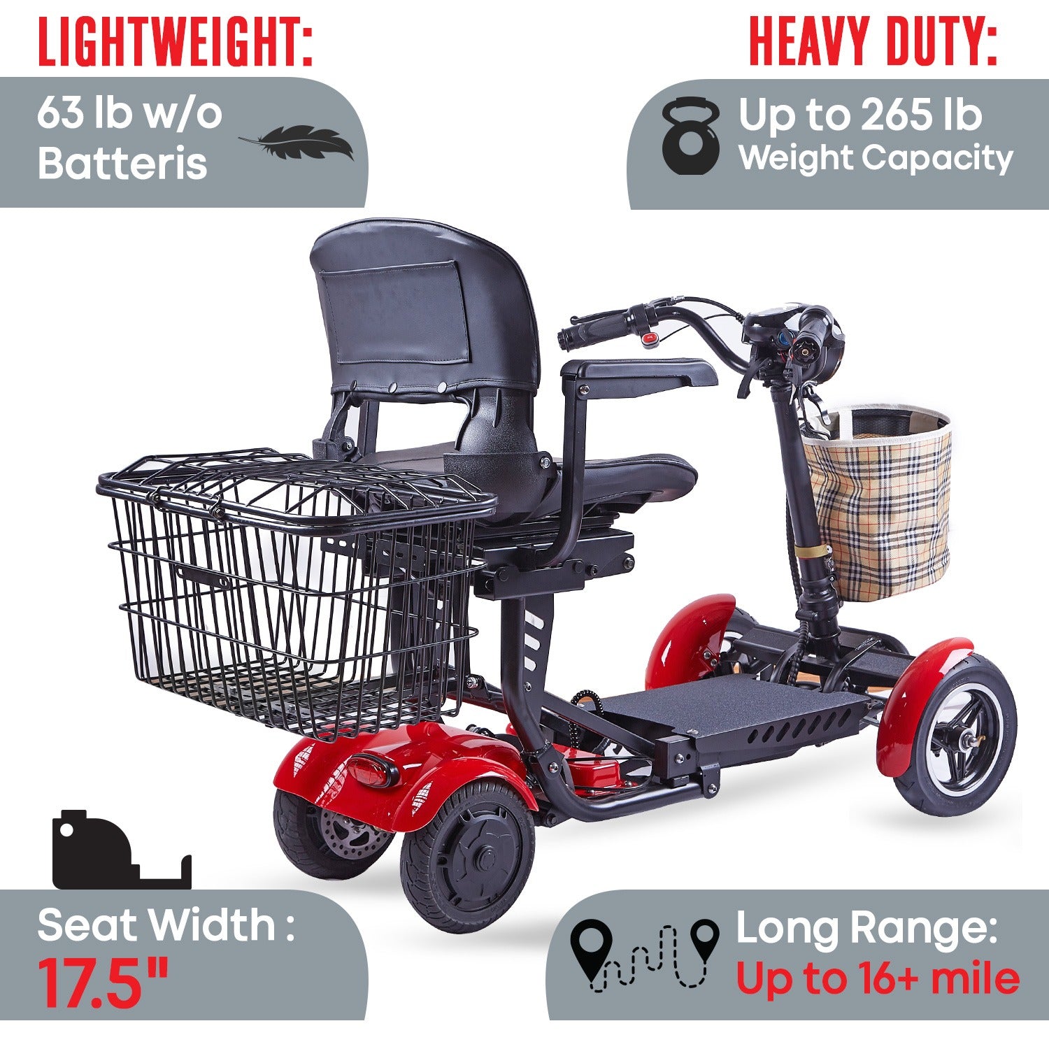 Klano KX30 - All Terrain, Foldable Mobility Scooter with Basket for Seniors | Lightweight 4-Wheel Disability Scooter | 25-Mile Range, 3-Speed