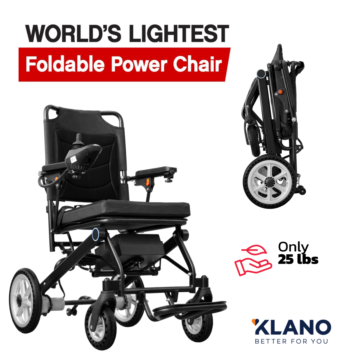 Klano KL50 - (Only 25LBS) Lightest Folding Electric Wheelchair: Foldable & Portable Power Wheelchair for Seniors | Easy Travel, Joystick