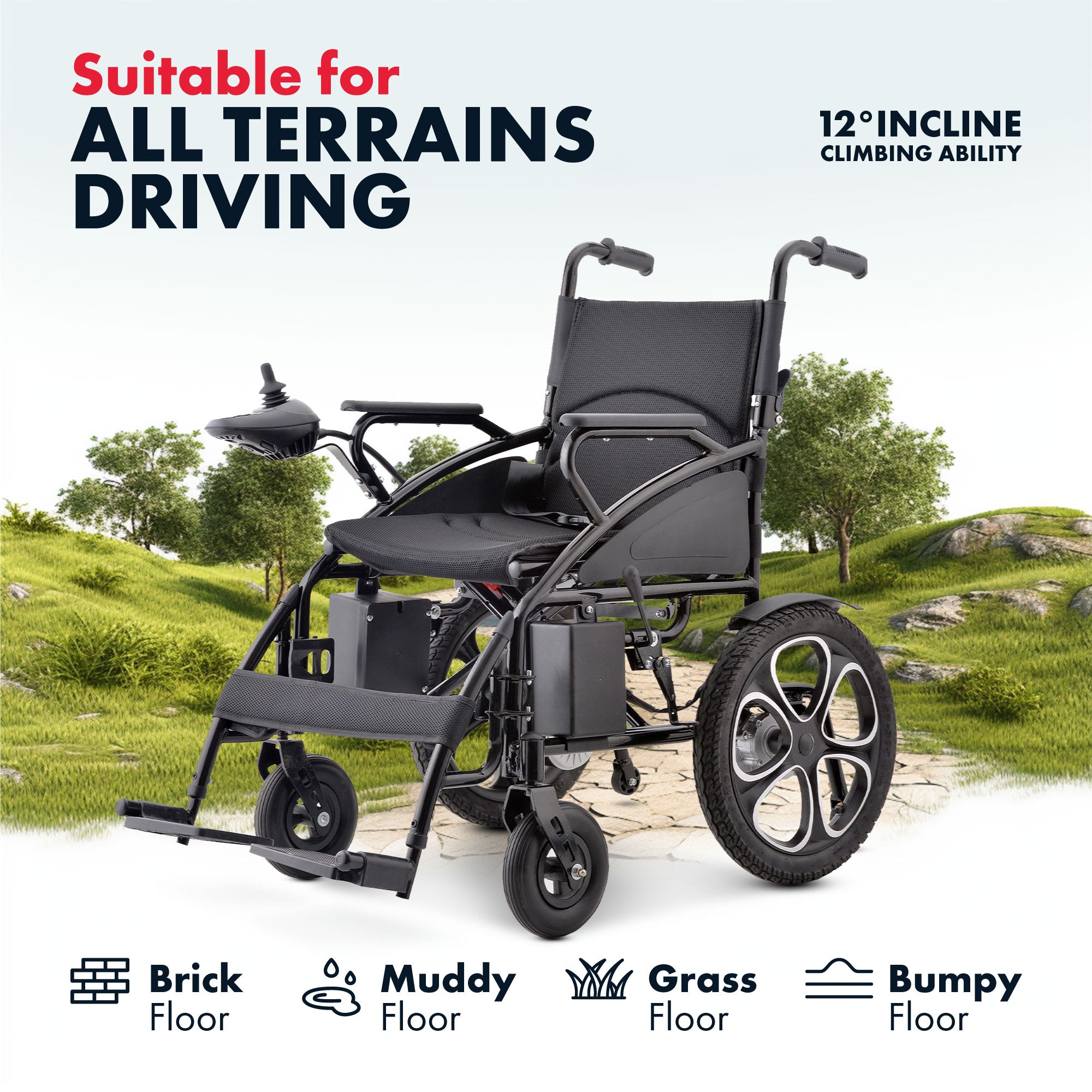 Klano KL10 - All Terrain Powerful Motorized Wheelchair: Heavy-Duty, Foldable & Portable Electric Wheelchair for Seniors | Easy Travel & Joystick