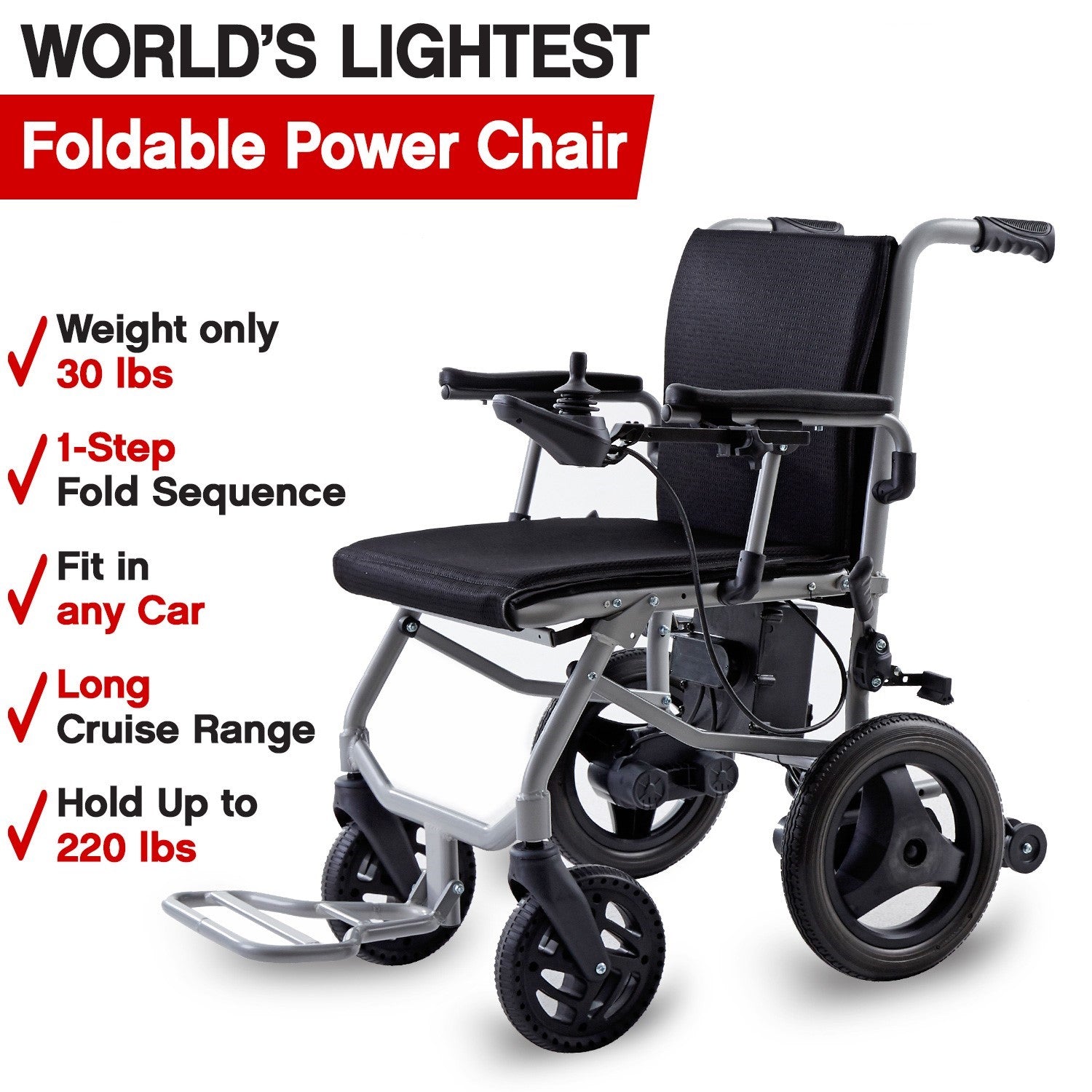Klano KL40 - World's Lightest Electric Wheelchair: Ultra Lightweight Foldable Power Wheelchair for Seniors with Joystick & Dual Brushless Motors
