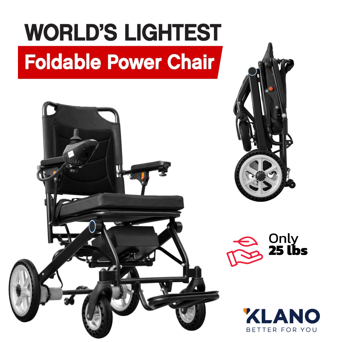 Klano KL50 - Super Lightweight Folding Electric Wheelchair: Foldable & Portable Power Wheelchair for Seniors | Easy Travel, Joystick