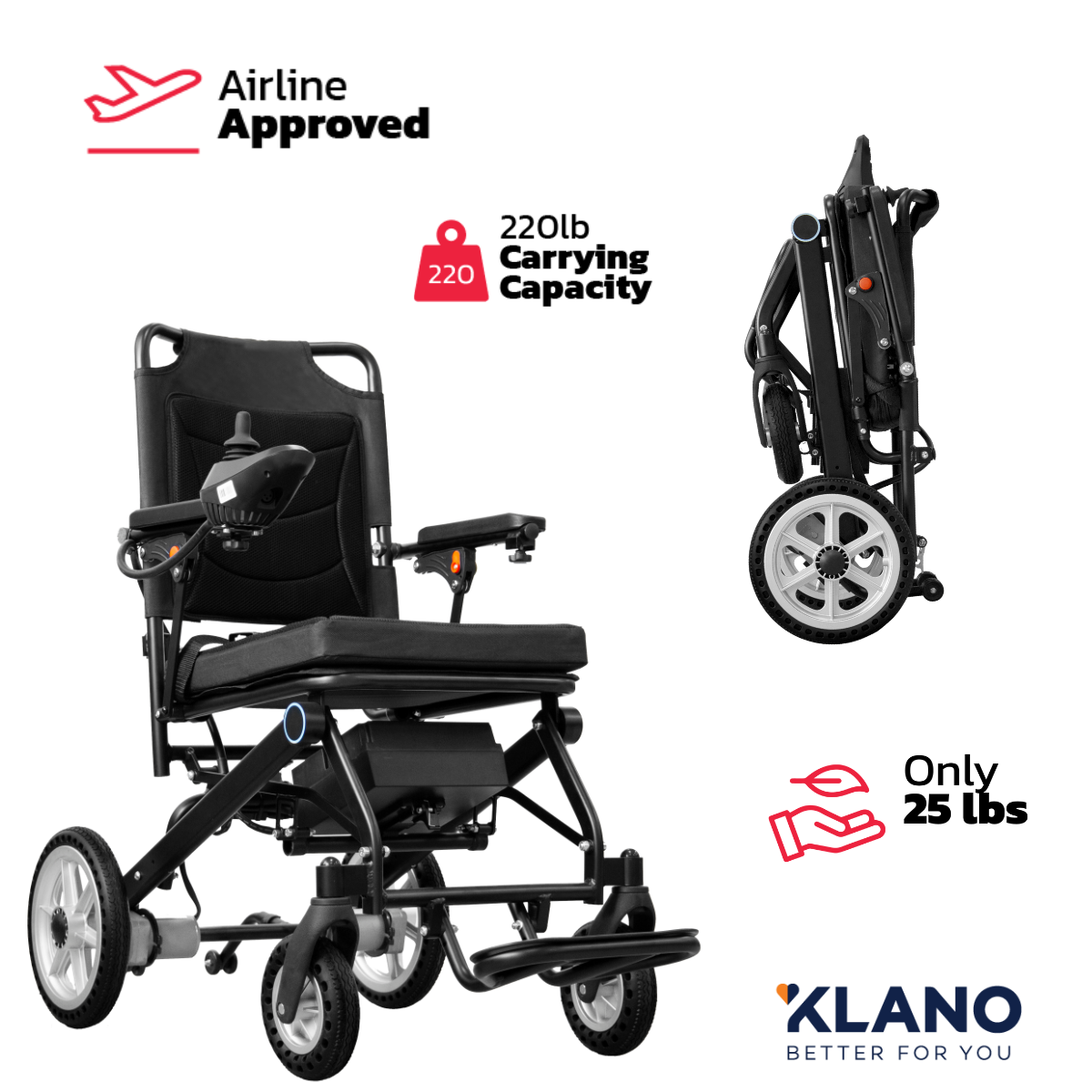 Klano KL50 - Super Lightweight Folding Electric Wheelchair: Foldable & Portable Power Wheelchair for Seniors | Easy Travel, Joystick